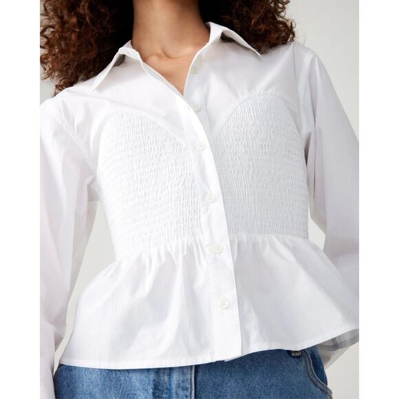 NWT Steve Madden Marisol Cotton Smocked Corset Detail Shirt in White Size Small - Picture 7 of 16
